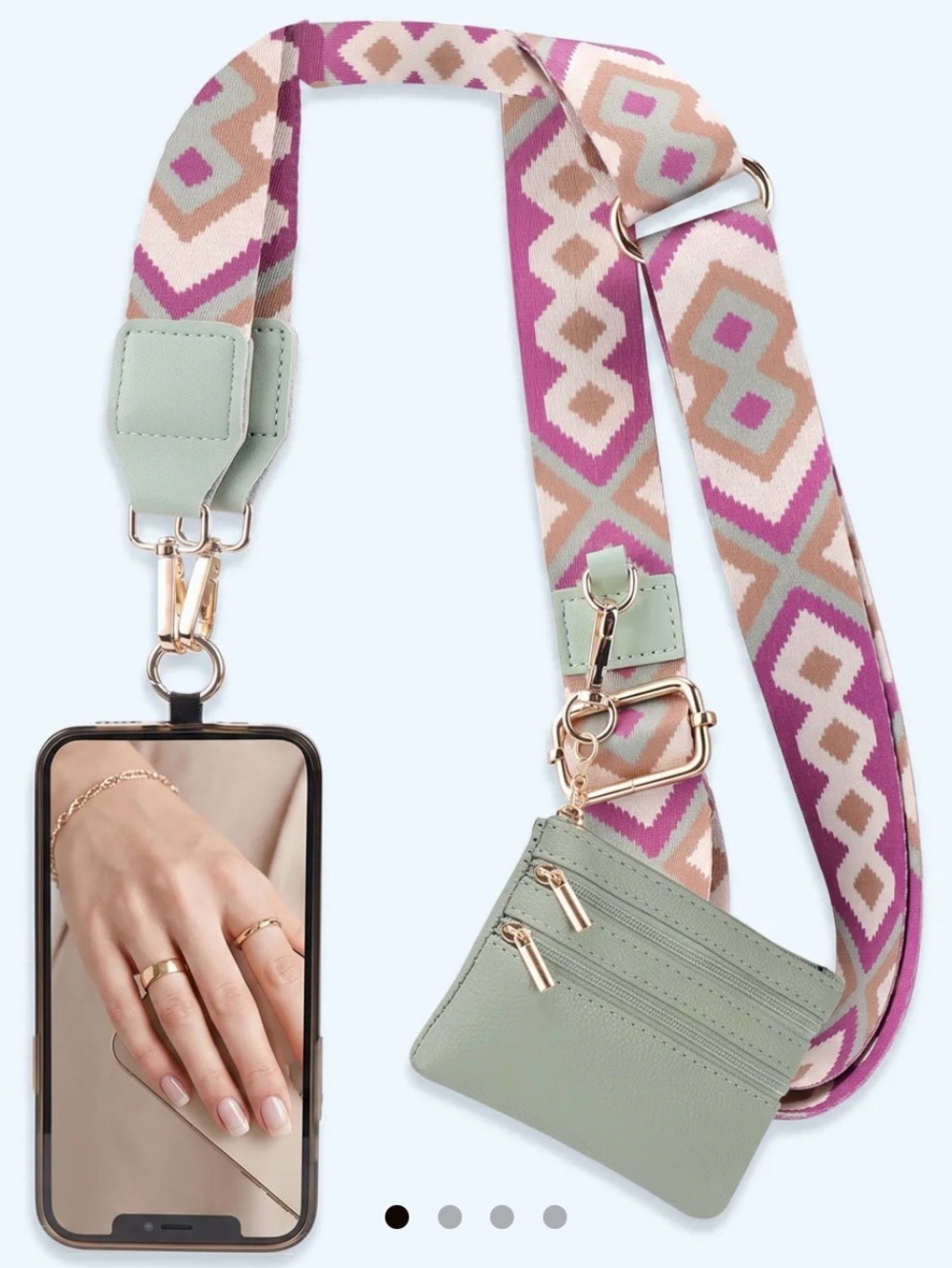 Adjustable Mint Crossbody Strap Bag with Geometric Pink Accent